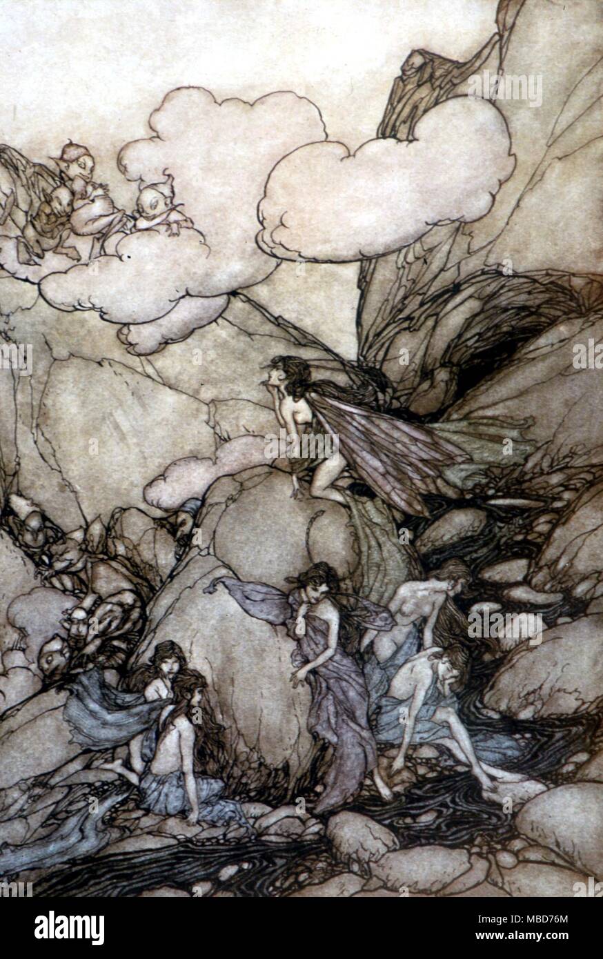 Fairies - Rip Van Winkle - specimen print for Arthur Rackham's Rip Van Winkle - printed by Hentschell-colourtype in 1905 - The story of Rip Van Winkle who fell asleep in the Catskill mountains after drinking a mysterious brew acquired from some strange little men, and then awoke 20 years later - Stock Photo