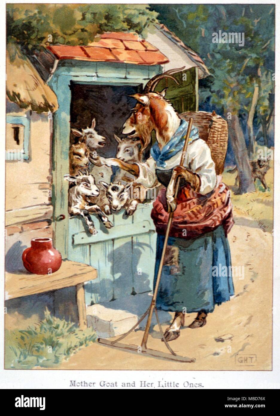 Fairies - Mother Goat and Her Little Ones. Lithographic illustration from Marriott Watson (et al) - Once Upon a Time 1890 Stock Photo