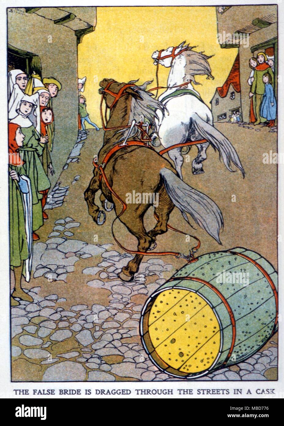 Fairy stories - The Goose-Girl - The False Bride dragged through the streets in a cask. From The Little Goose-Girl from Cherryblossom and other stories from Grimm 1909 - illustrated by Helen Stratton Stock Photo