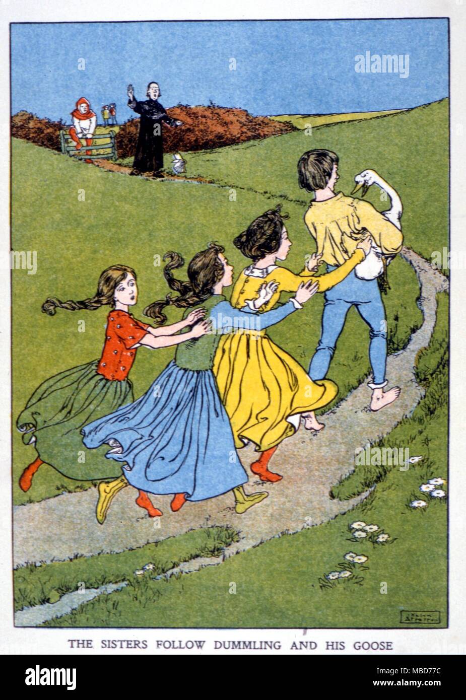 Fairy stories - The Golden Goose - The Sisters follow Dummling and his Goose - from Cherryblossom and other stories from Grimm 1909 - Illustrated by Helen Stratton Stock Photo