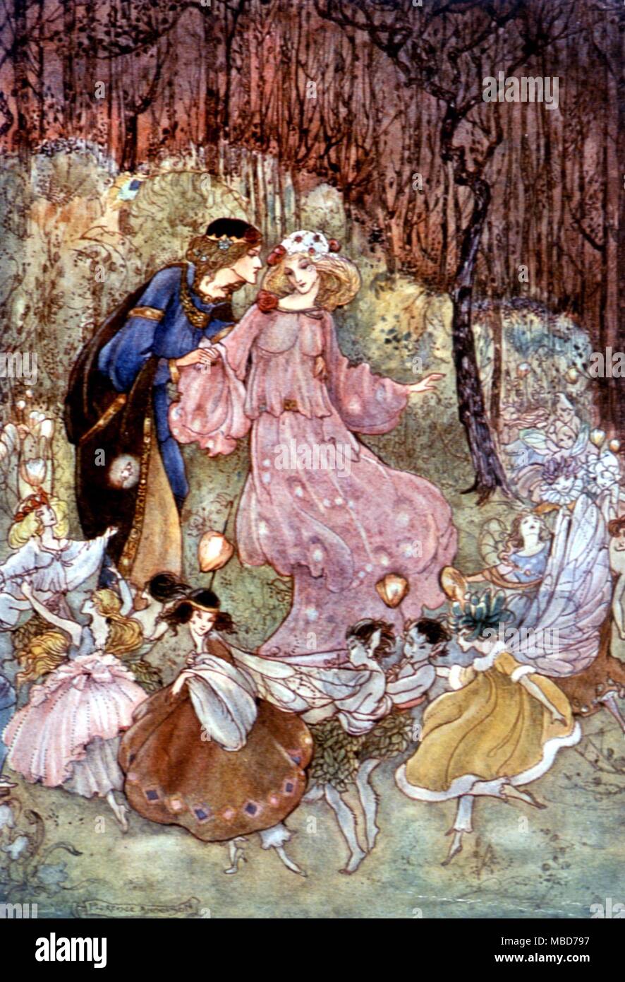Fairies with the Prince and the Maid - illustration by Florence Anderson for Fiona Malcom's story Joy - from My Fairyland, A Child's Own Vision 1917 Stock Photo