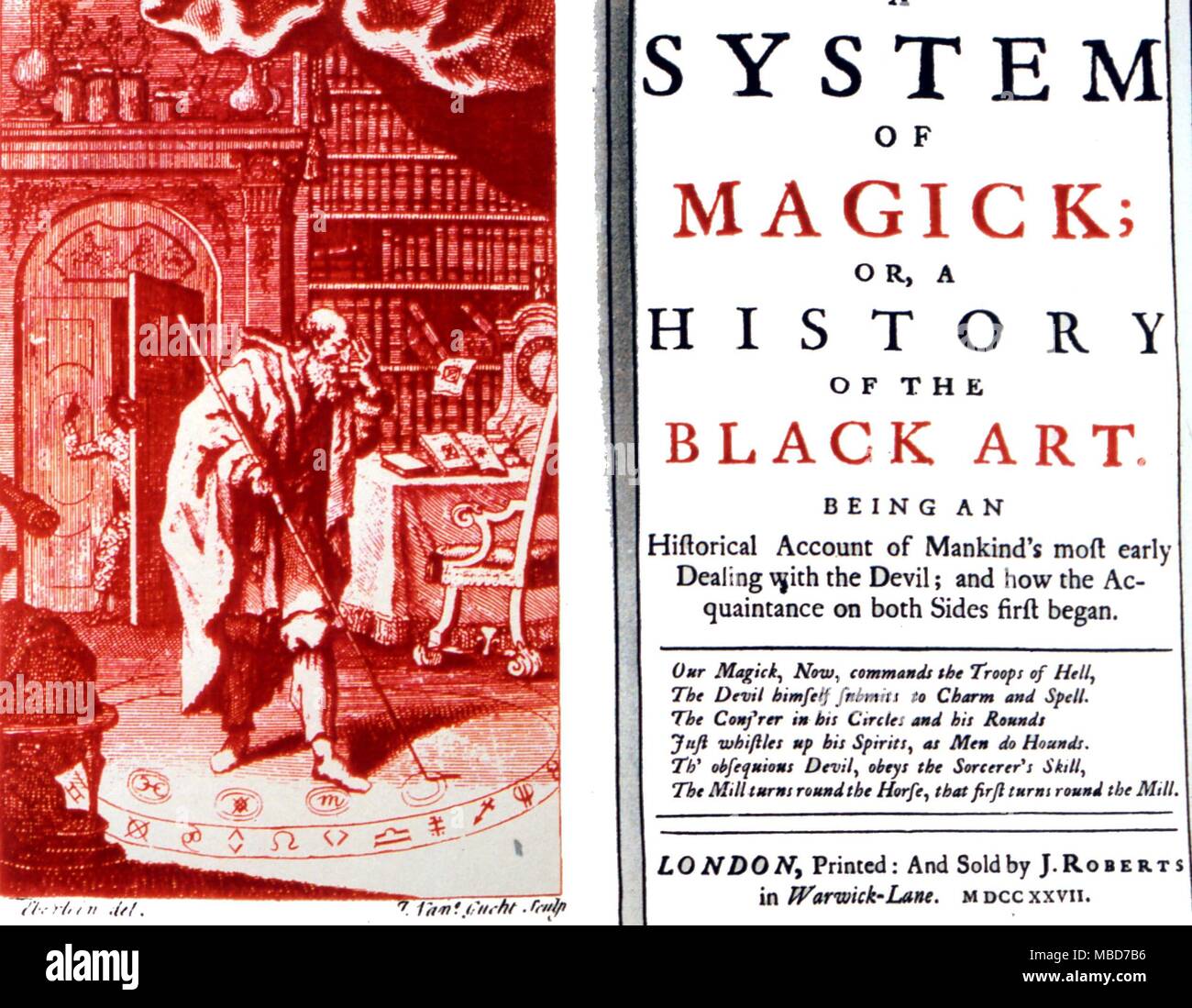 Title page of 'A System of Magic', 1727, with frontispiece showing a magician in black-magic circle, intent on conjuring spirits. Stock Photo