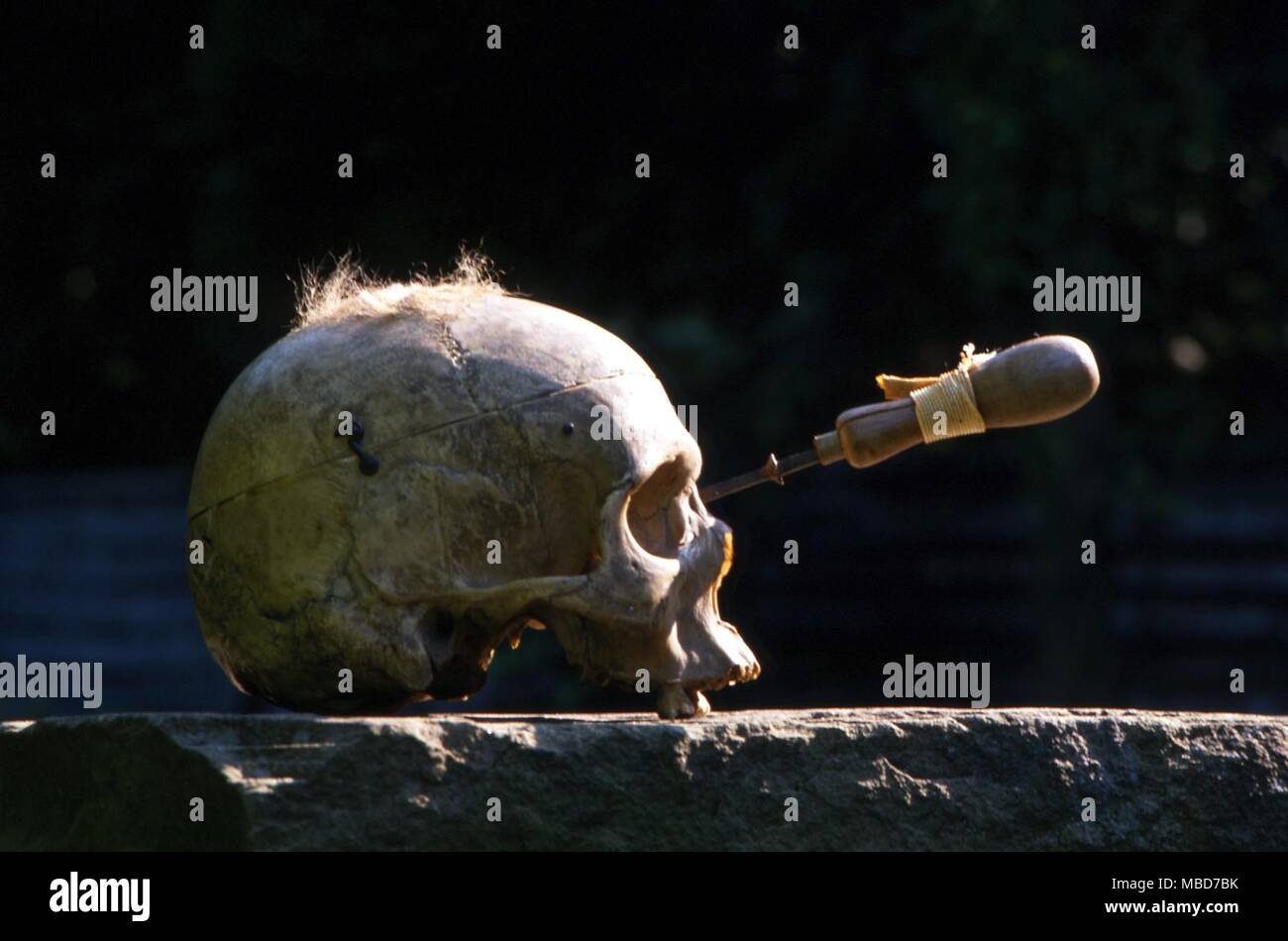 Cursing of human being to death by means of spearing a skull with a metal point bearing the name of the victim. Stock Photo