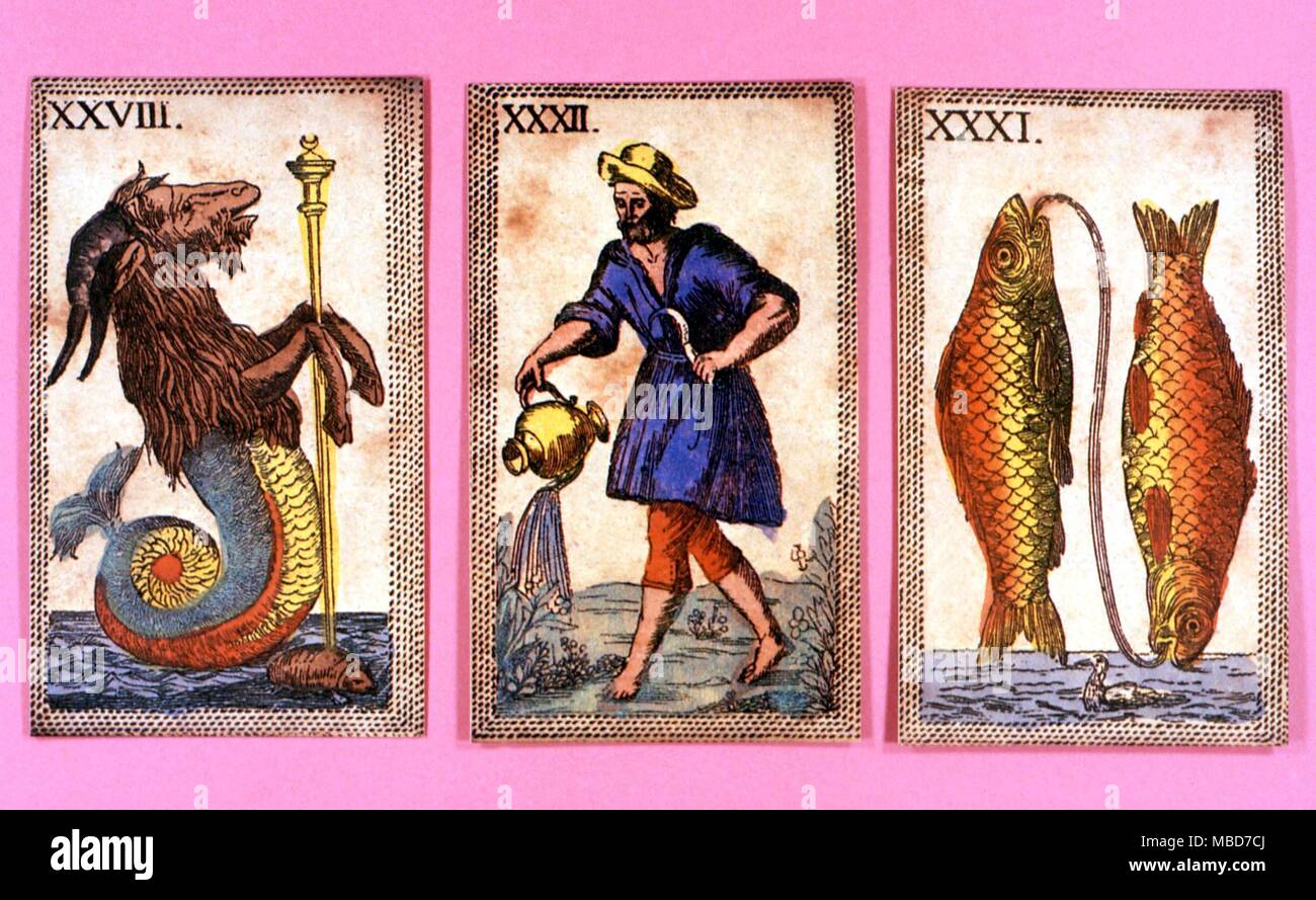 Three zodiacal images from a nineteenth century Minchiate tarot pack. Capricorn, Aquarius and Pisces. Stock Photo