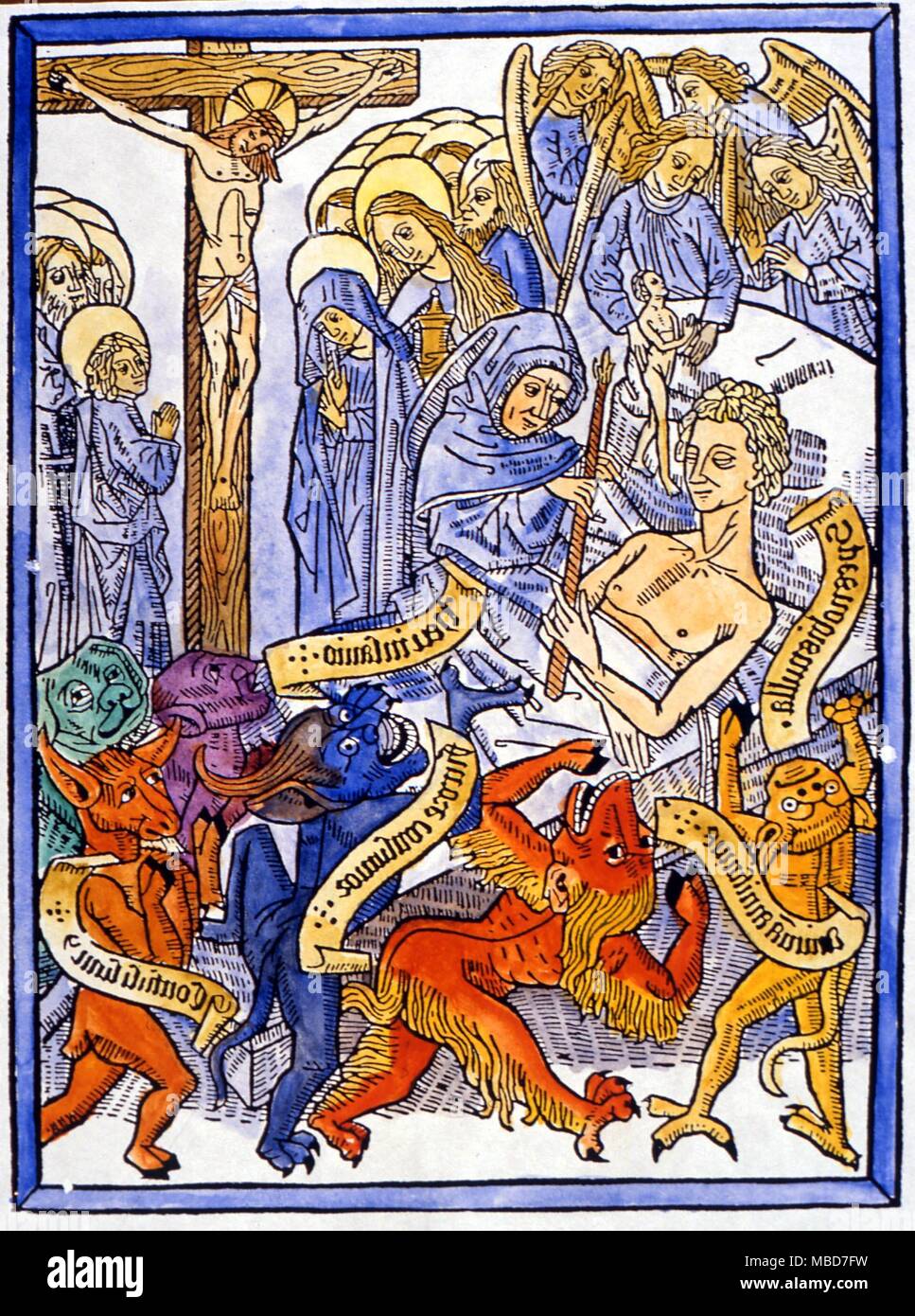 Hordes of demons at a deathbed, waiting to struggle for the soul of the newly deceased. From a hand-coloured 'Ars Morendi Bene' circa 1460 Stock Photo