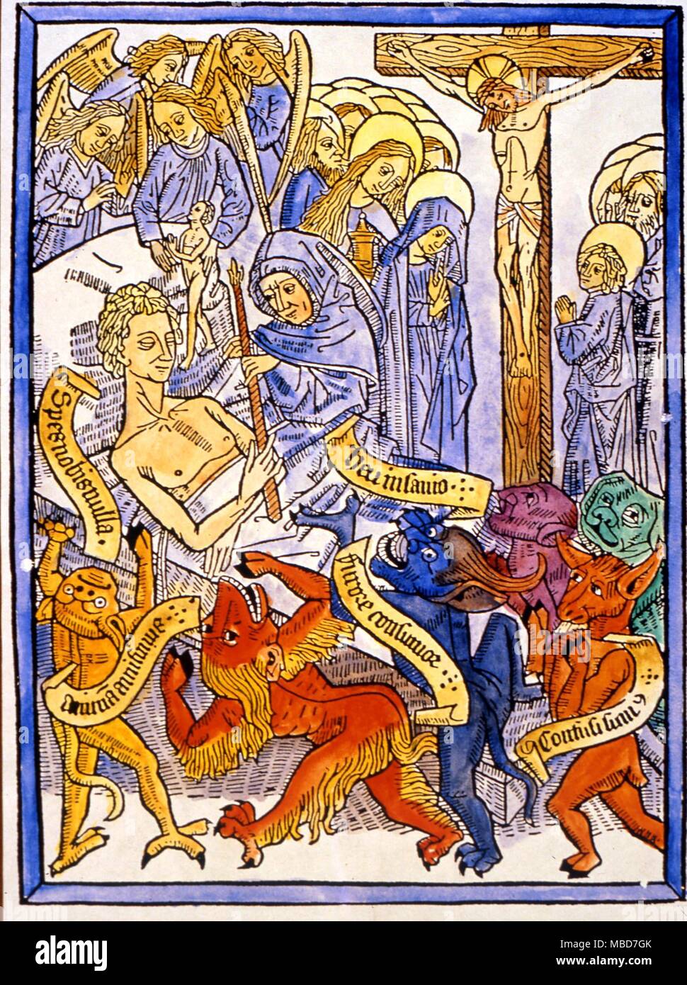 Hordes of demons at a deathbed, waiting to struggle for the soul of the newly deceased. From a hand-coloured 'Ars Morendi Bene' circa 1460 Stock Photo