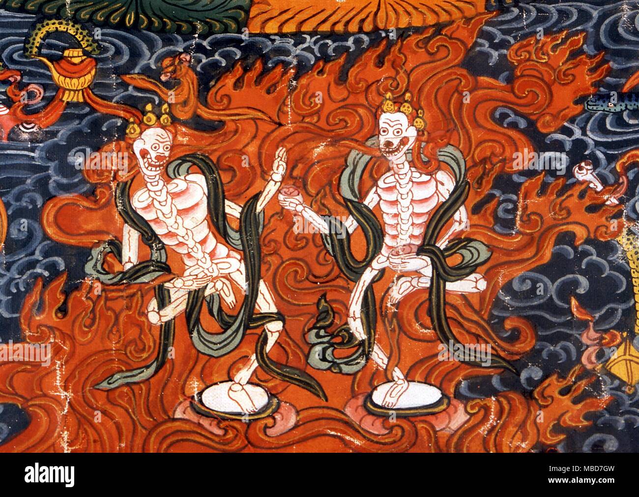 Death - dancing skeletons - Indian painting (mid 19th century?). Detail from Buddhist mandal. Private collection Stock Photo