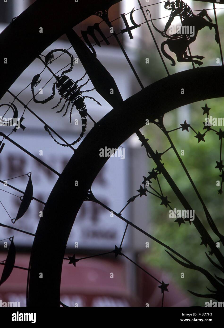 Interior view, through window, of the zodiac and constellations in the Astrology Shop, Neal Street, London. Stock Photo