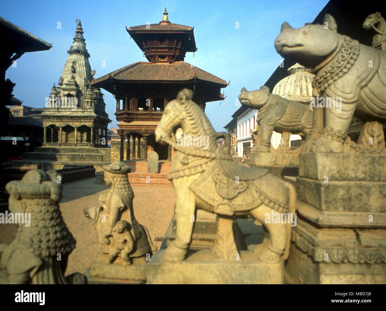 NEPAL - Bhaktapur 'The City of Devotees', Bhaktapur, in Nepal, viewed from the ornate staircase of the Nyatapola Temple Stock Photo