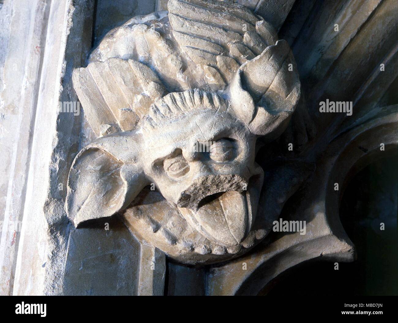 MONSTERS - WINCHELSEA Among the remarkable mediaeval sculptural details in Winchelsea Church, is this large-eared grinning face, which was certainly influenced by images in the bestiaries literature. Stock Photo