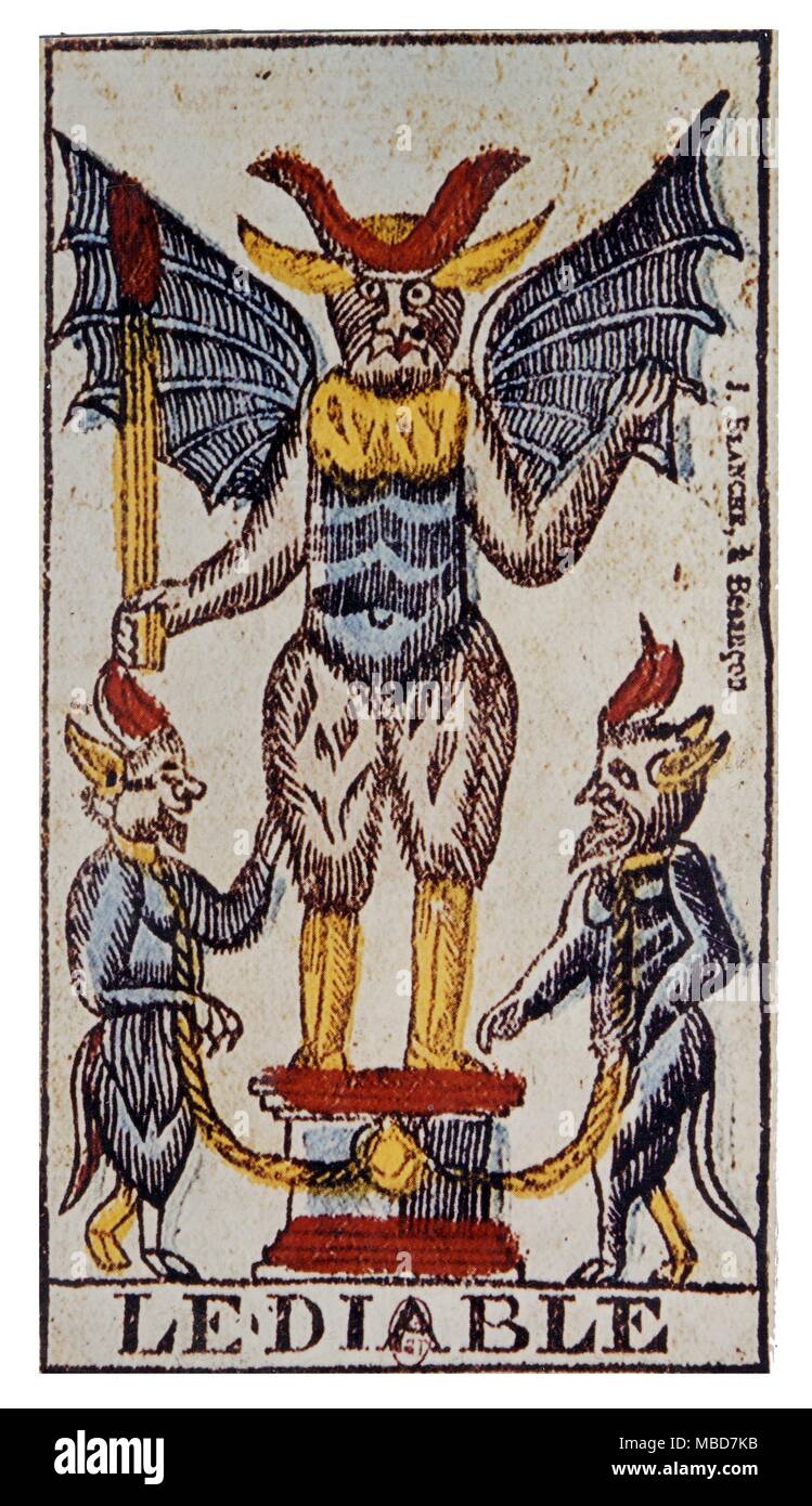 TAROT CARDS - THE DEVIL CARD Le Diable, or Devil card, from the Tarot pack printed at Besançon by J. Blanche. Although printed about 1835, the designs for this deck were purposely archaizing. They appear to have been stencil-coloured. Stock Photo