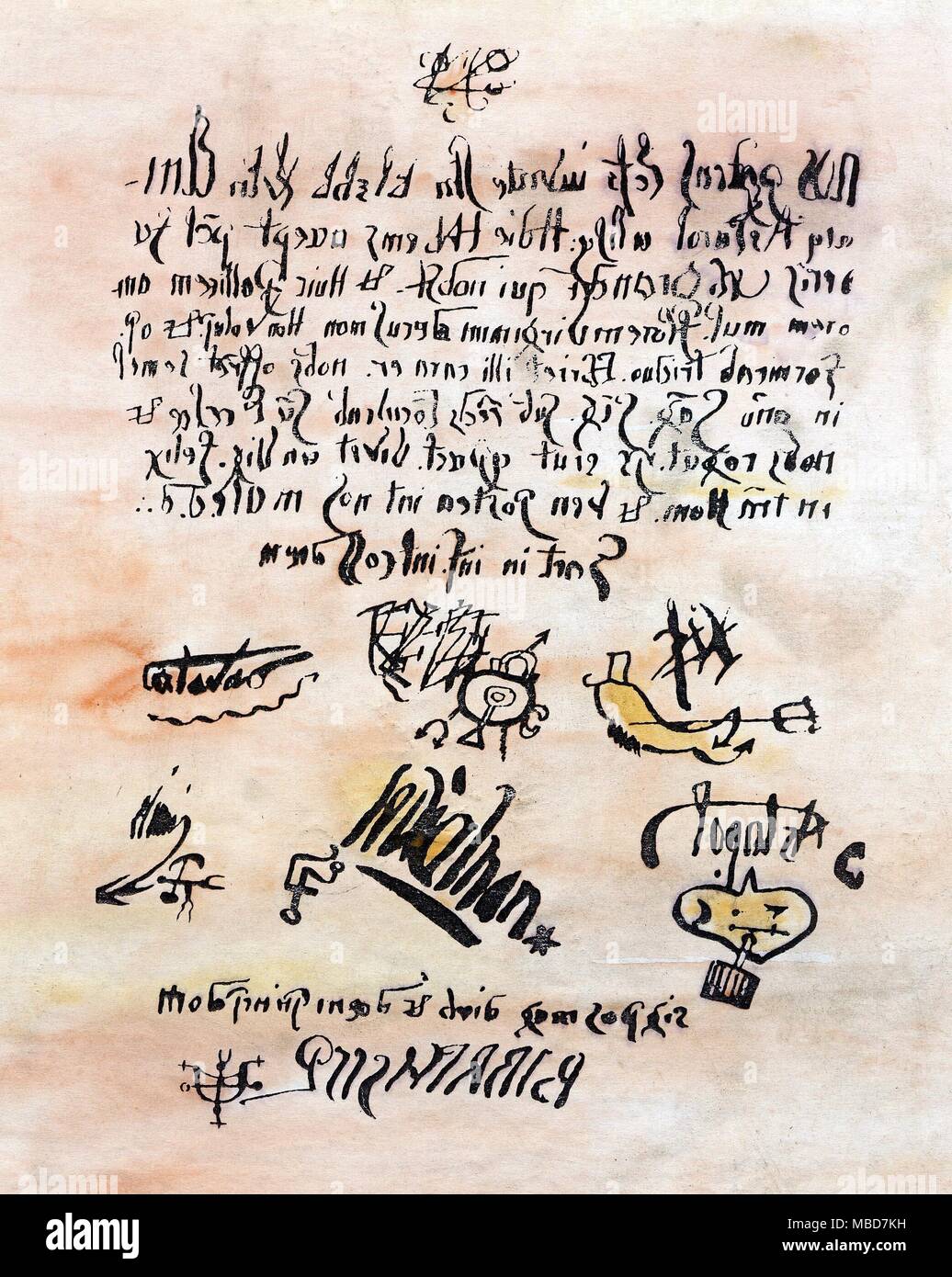 PACT - DEMONS A pact (certainly fraudulent, and constructed by enemies of the victim) supposedly drawn up by the French priest, Urbain Grandier and seven demons, and used in evidence at his trial at Loudun, in 1634. Written in mirror writing. With the aid of a mirror, it is possible to make out the supposed signatures and (entirely fanciful) sigils of Satanas, Beelzebub, Lucifer [contracted to Lcfr], Elimi, Leviathan and Astaroth. It is subscripted by the alleged amanuensis (scriptor), the demon Baalberith (contracted to Blbrth scrpt), and his sigil. Partly on the evidence of this docum Stock Photo