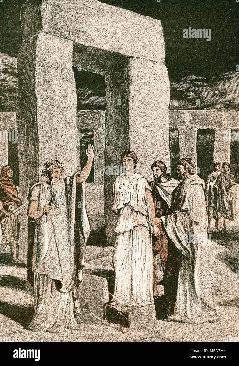 DRUIDS. 'The Sacrifice' - the human sacrifice, offered to the gods by the Druids, against the backdrop of the Stonehenge circle. Lithograph from Alfred J. Church, The Count of the Saxon Shore, or The Villa in Vectis, 1887. Stock Photo
