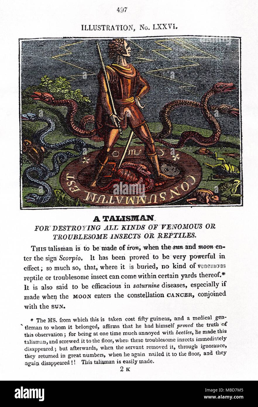 TALISMAN A talisman designed to aid in the destruction of all kinds of venomous or troublesome insects or reptiles. The conjurer stands protected in a magical circle in the roundel of which is written the Latin, Consummatum Est, along with two crosses, and the sigils for Sun, Scorpio and the Moon. Inside the circle, a serpent is shown wrapped around a Scorpion. The zodiacal sign Scorpio has rule over serpents and venomous insects. Hand-coloured engraving from The Straggling Astrologer of the Nineteenth Century, or, Magazine of Celestial Intelligence, 1824. Stock Photo