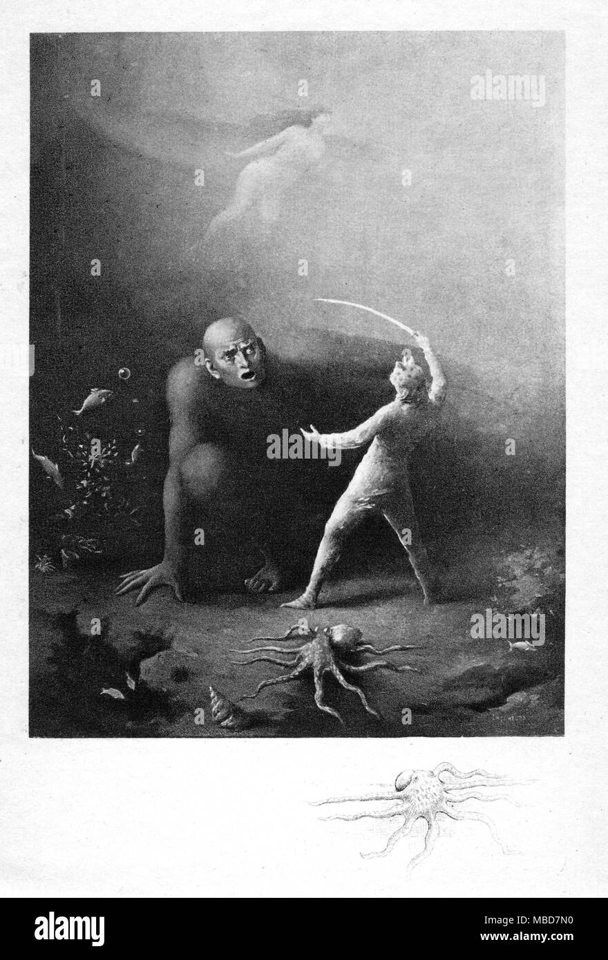 FAIRYTALES - GIANT GENII Confronting a giant genii, underwater. Loose leaf print, from the John Payne translation of the Arabic of The Book of the Thousand Nights and One Night, 1901 - probably an illustration of Abdallah the human 'lack-tail' fisherman, from the tale of Abdallah the Fisherman and Abdallah the Merman. Stock Photo