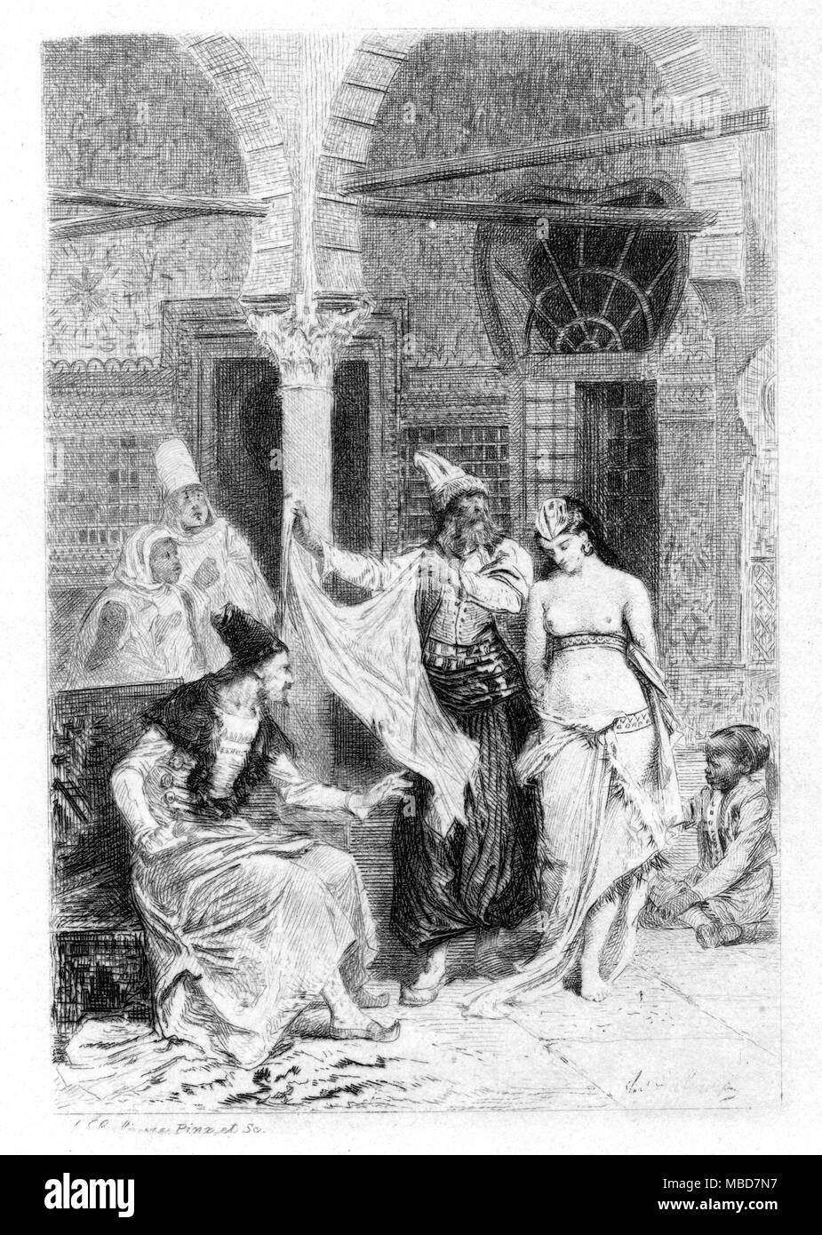 FAIRYTALES - SLAVE-GIRL The king Shehriman of Khorassan inspecting the slave-girl, 'fairer than any ever seen', offered for sale by a merchant. From the tale of Julnar of the Sea and her Son King Bedr Basim of Persia. Etching from the John Payne translation of the Arabic of The Book of the Thousand Nights and One Night, 1901, Vol. 7. Stock Photo