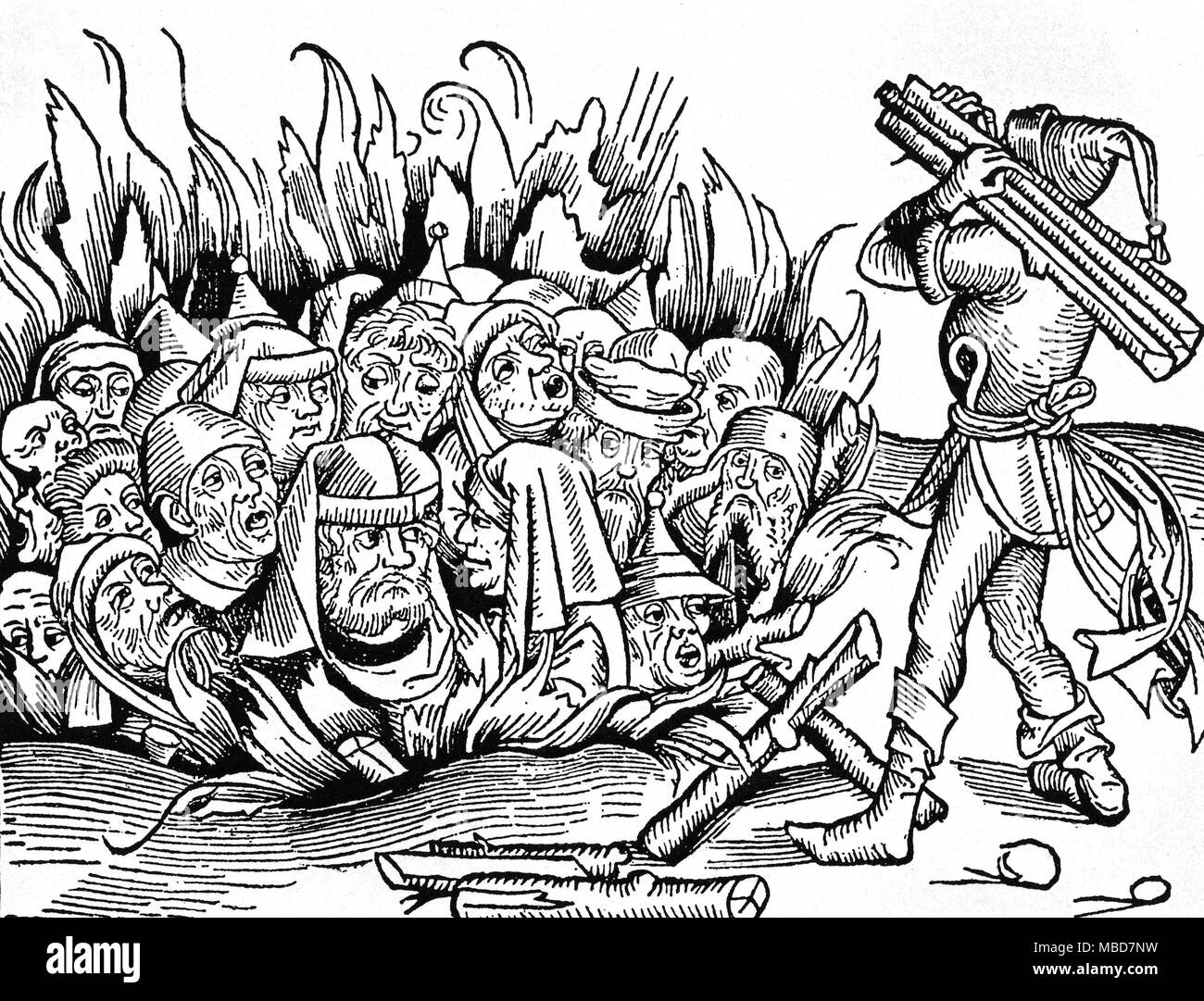 JEWISH MYTHOLOGY - BURNING OF THE JEWS Woodcut depicting the burning of the Jews, in a pit - the cut is attributed to Wohlgemuth, in Schedel, Weltchronik, 1493. Stock Photo