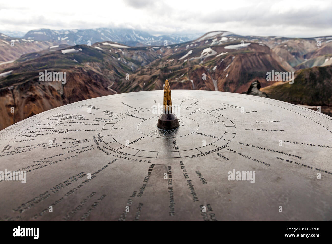 Orientation Table on the Mountain of Blahnukur, Landmannalaugar, Iceland Stock Photo