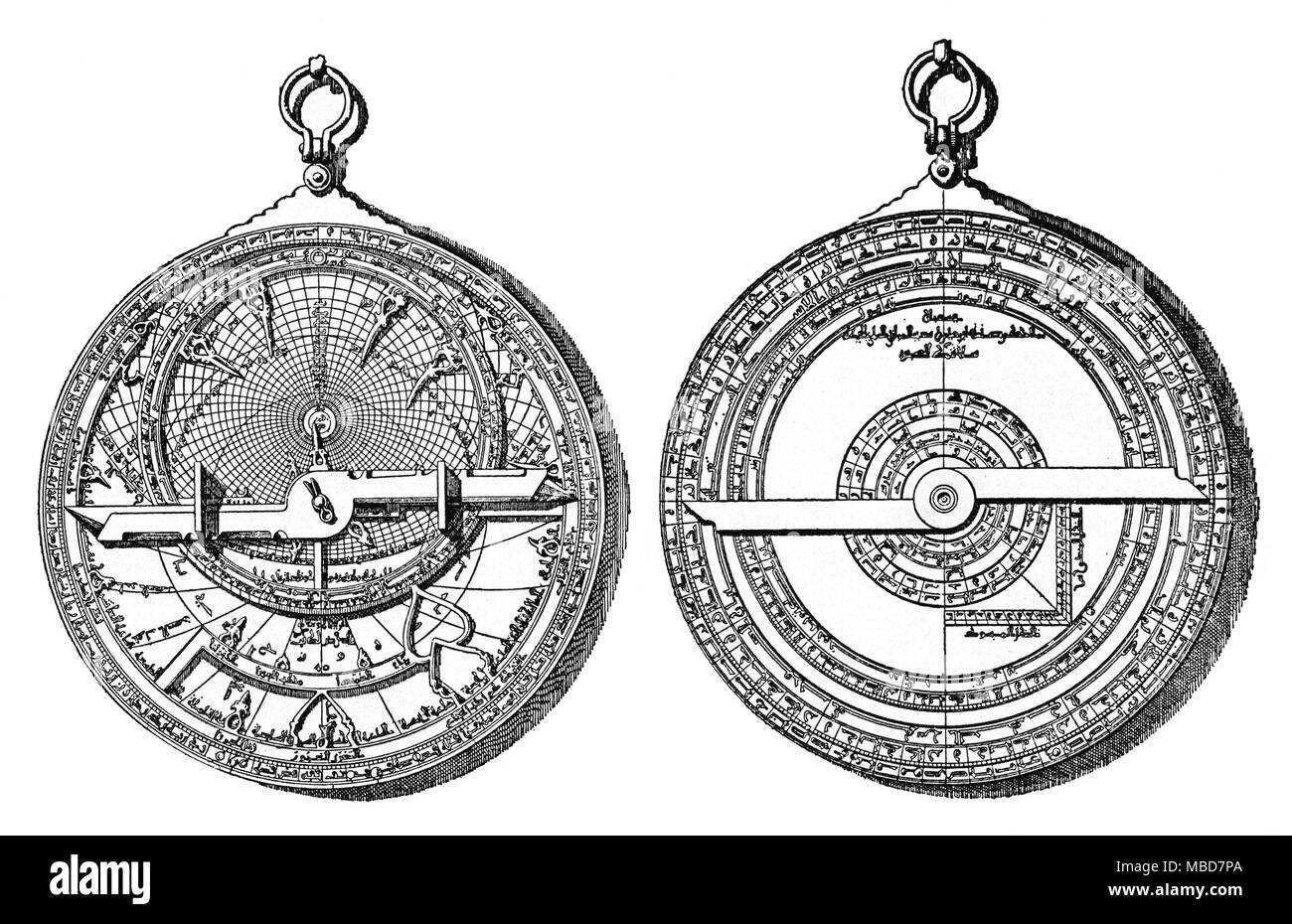 ASTROLABES Arabian astrolabe - wood-engraving from Stanley Lane-Poole, The Barbary Corsairs, 1890. Stock Photo
