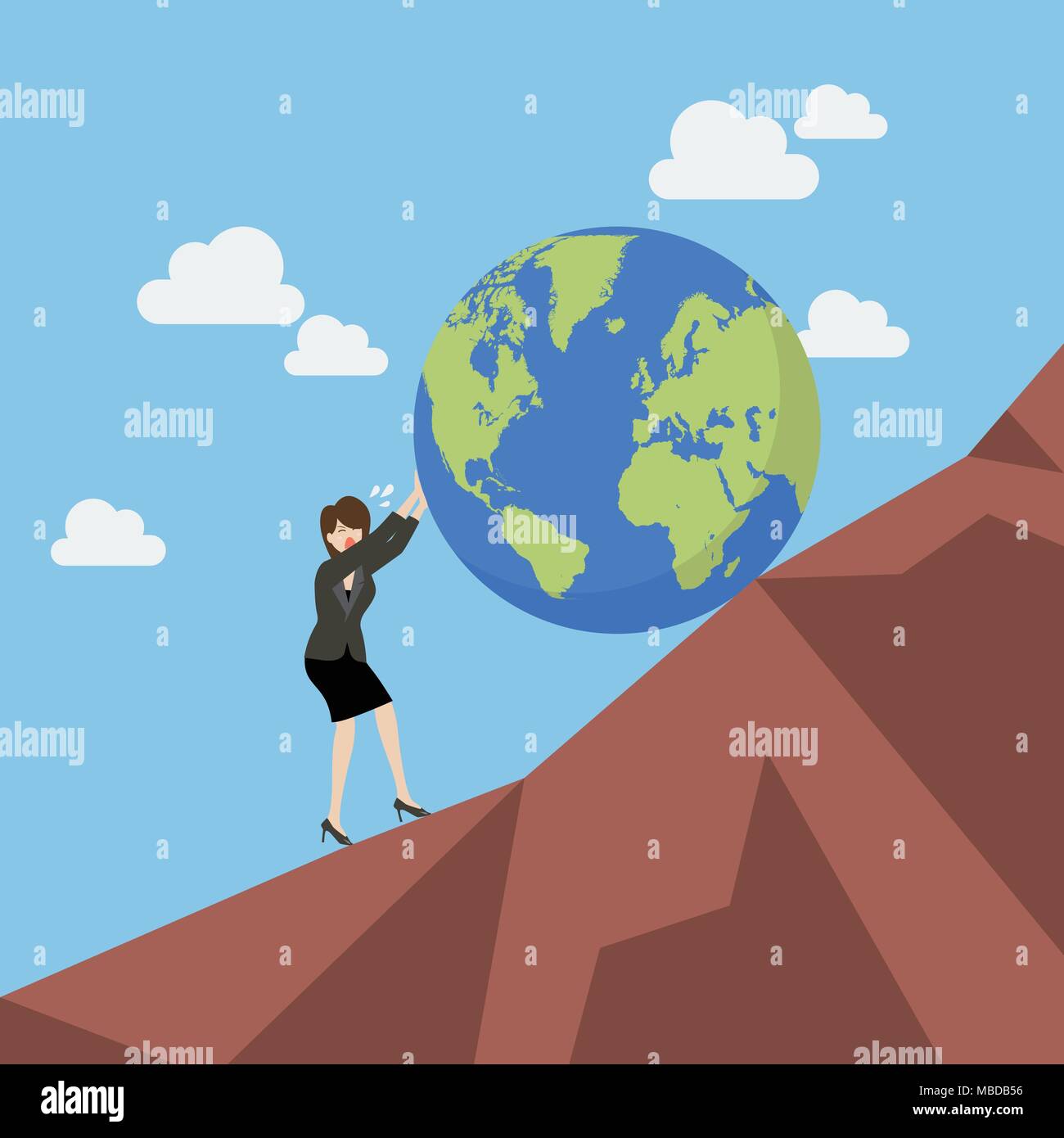Business woman pushing the world uphill. Vector illustration Stock Vector