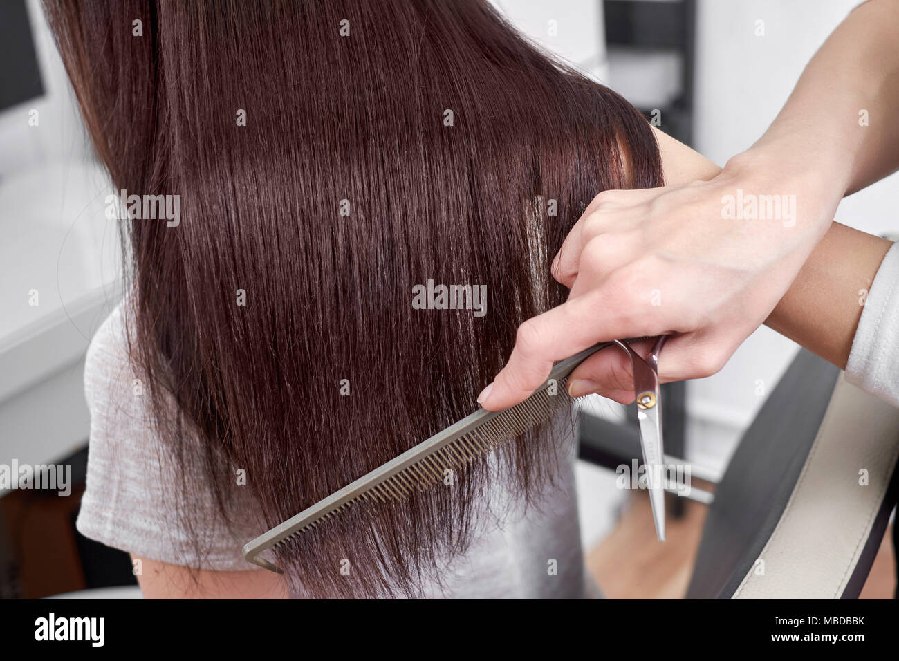 Closeup of hair stylist combing client's hair in salon Stock Photo