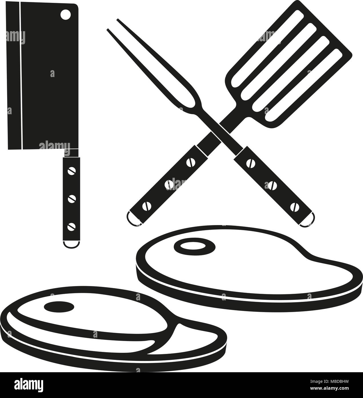 Black and white steak cooking silhouette set. Food themed vector illustration for gift card certificate sticker, badge, sign, stamp, logo, label, icon Stock Vector