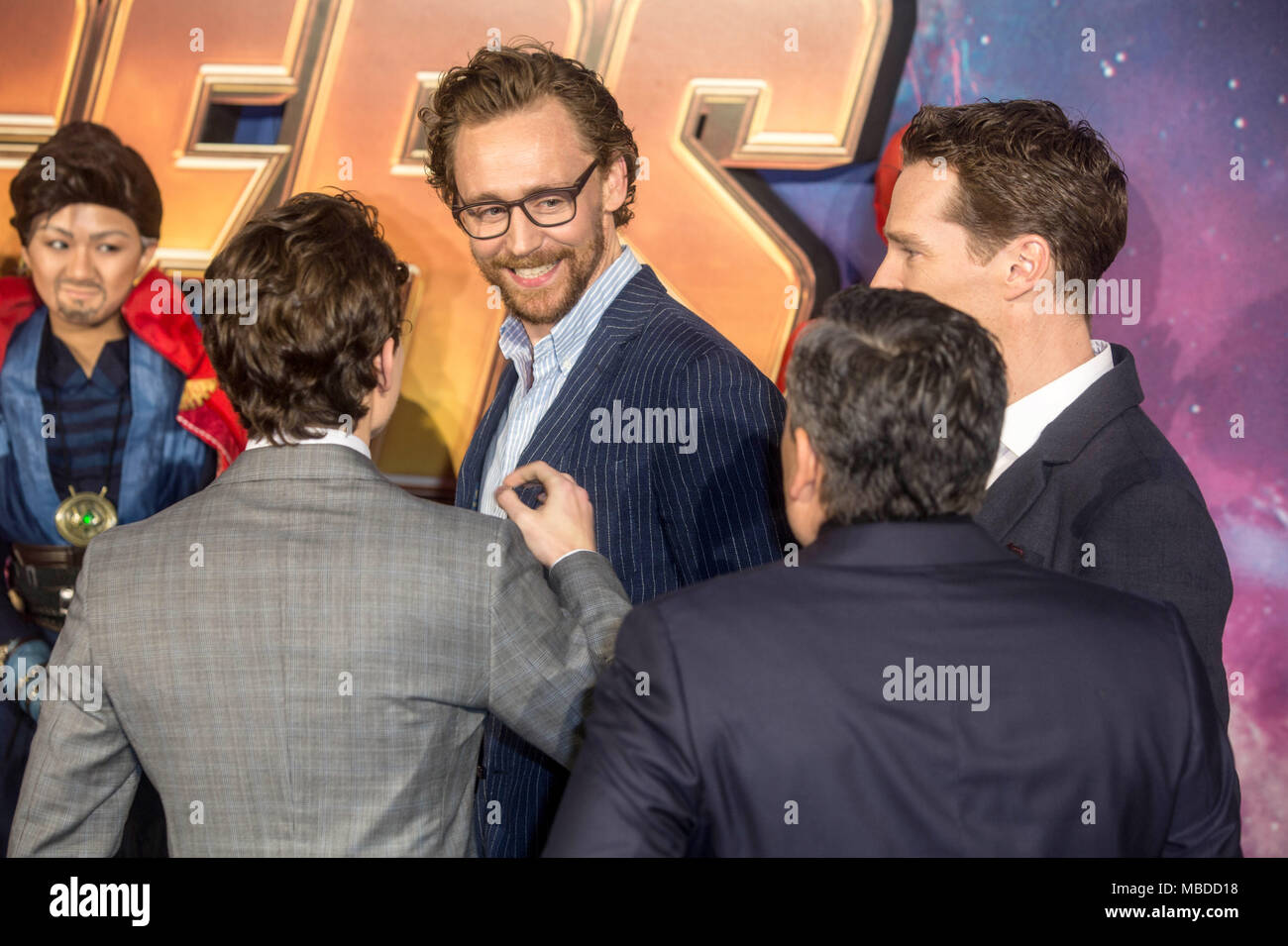 Photo Must Be Credited ©Alpha Press 080010 08/04/2018 Tom Holland, Tom Hiddleston and Benedict Cumberbatch at the Avengers Infinity War UK Fan Event held at Television Studios in White City, London Stock Photo