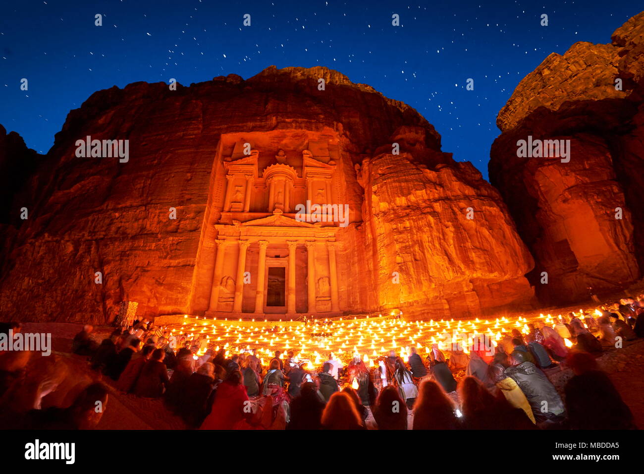 Petra by night, the Treasury Al Khazneh, Petra, Jordan Stock Photo