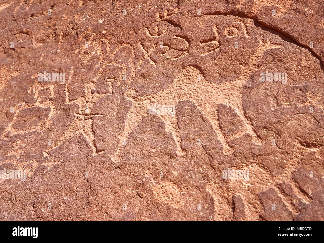 Petroglyphs camel figures paintings on stone wall, Wadi Rum Desert, Jordan Stock Photo