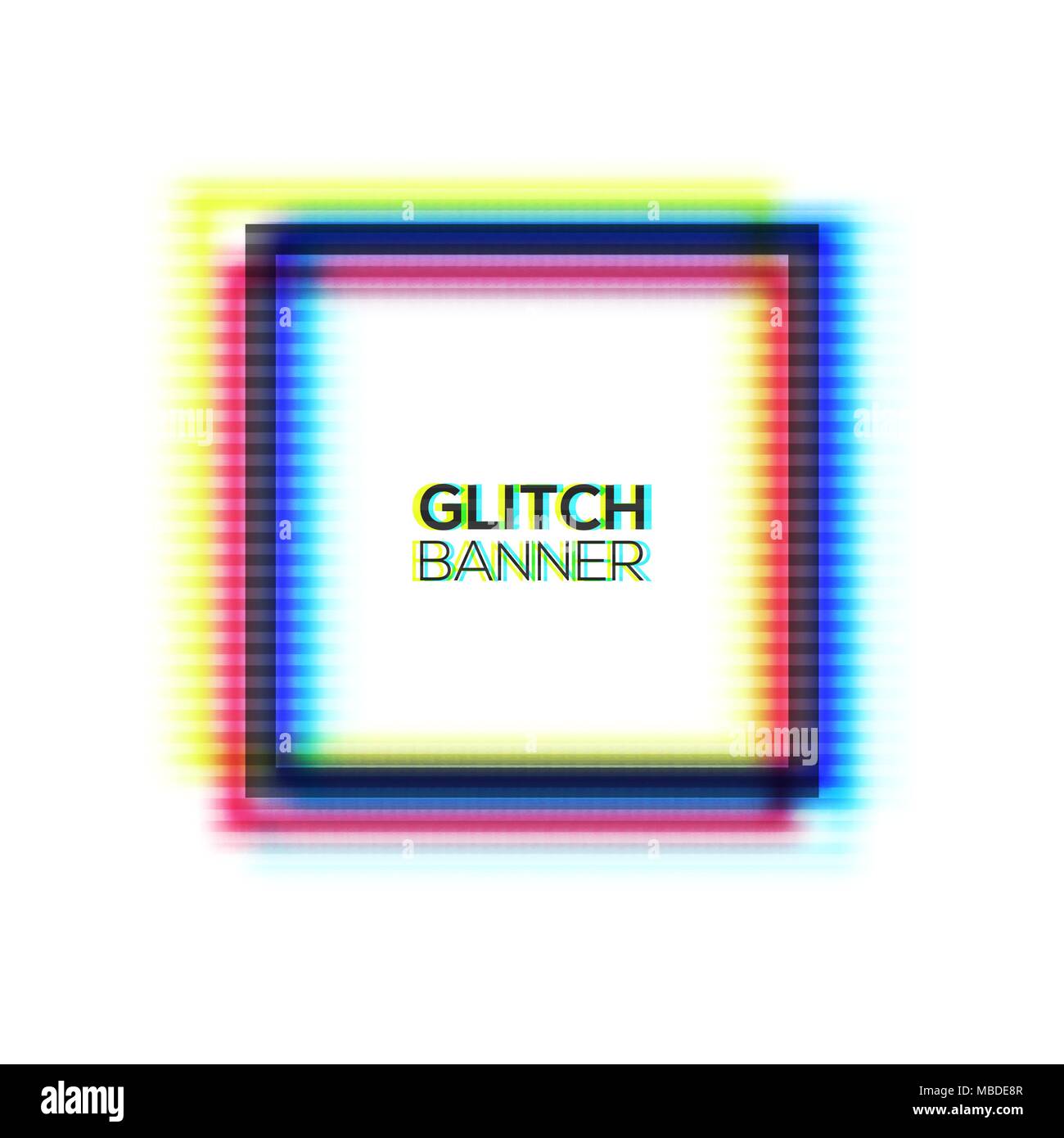 Abstract glitch texture square frame. Geometric style art. Distorted modern rectangle background with glitch effect. Broken glitched sign concept of rgb cmyk colors channel. Color vector illustration. Stock Vector