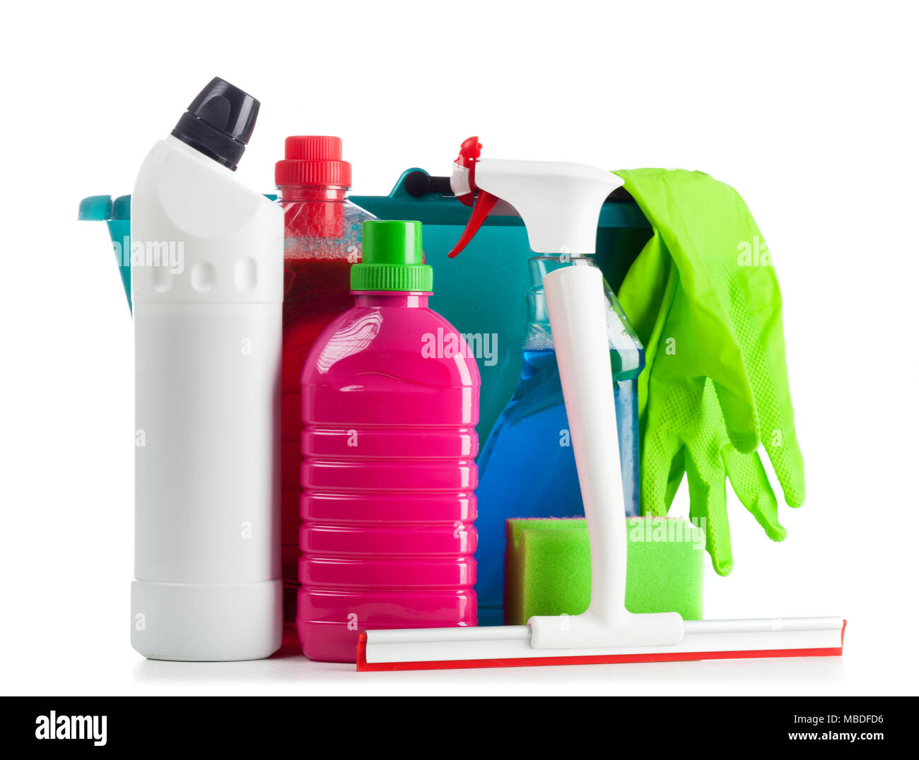 Cleaning supplies on white background Stock Photo Alamy