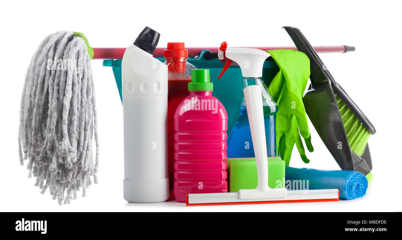 Cleaning supplies on white background Stock Photo