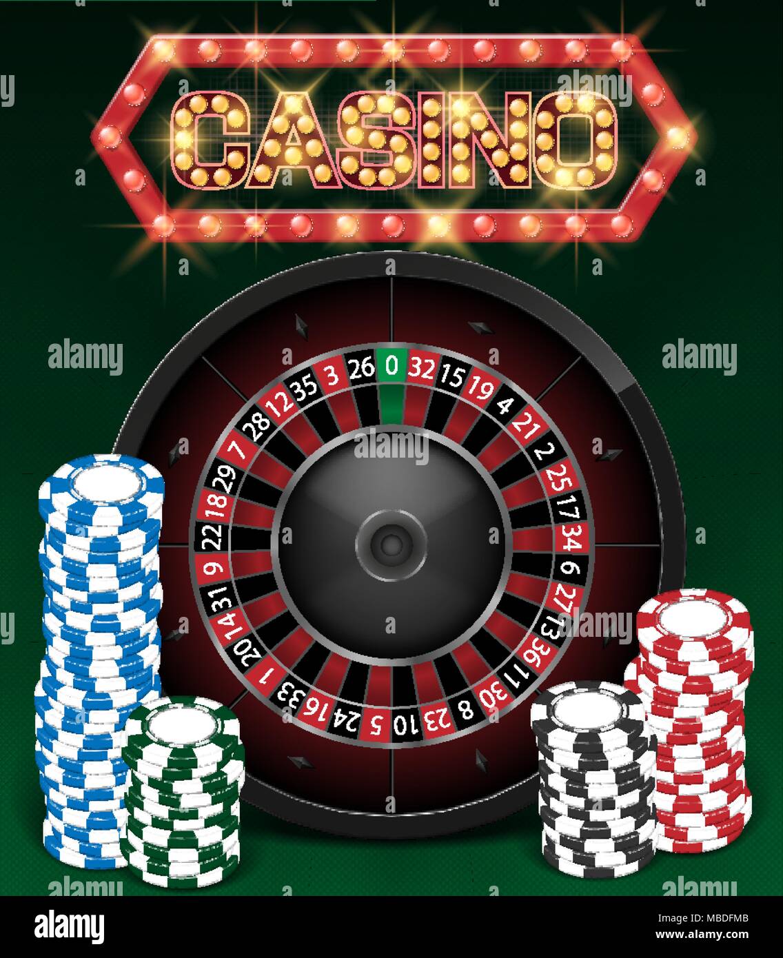 Casino Gambling background design with realistic Roulette Wheel and Casino Chips. Roulette table isolated on green background. Vector illustration. Stock Vector