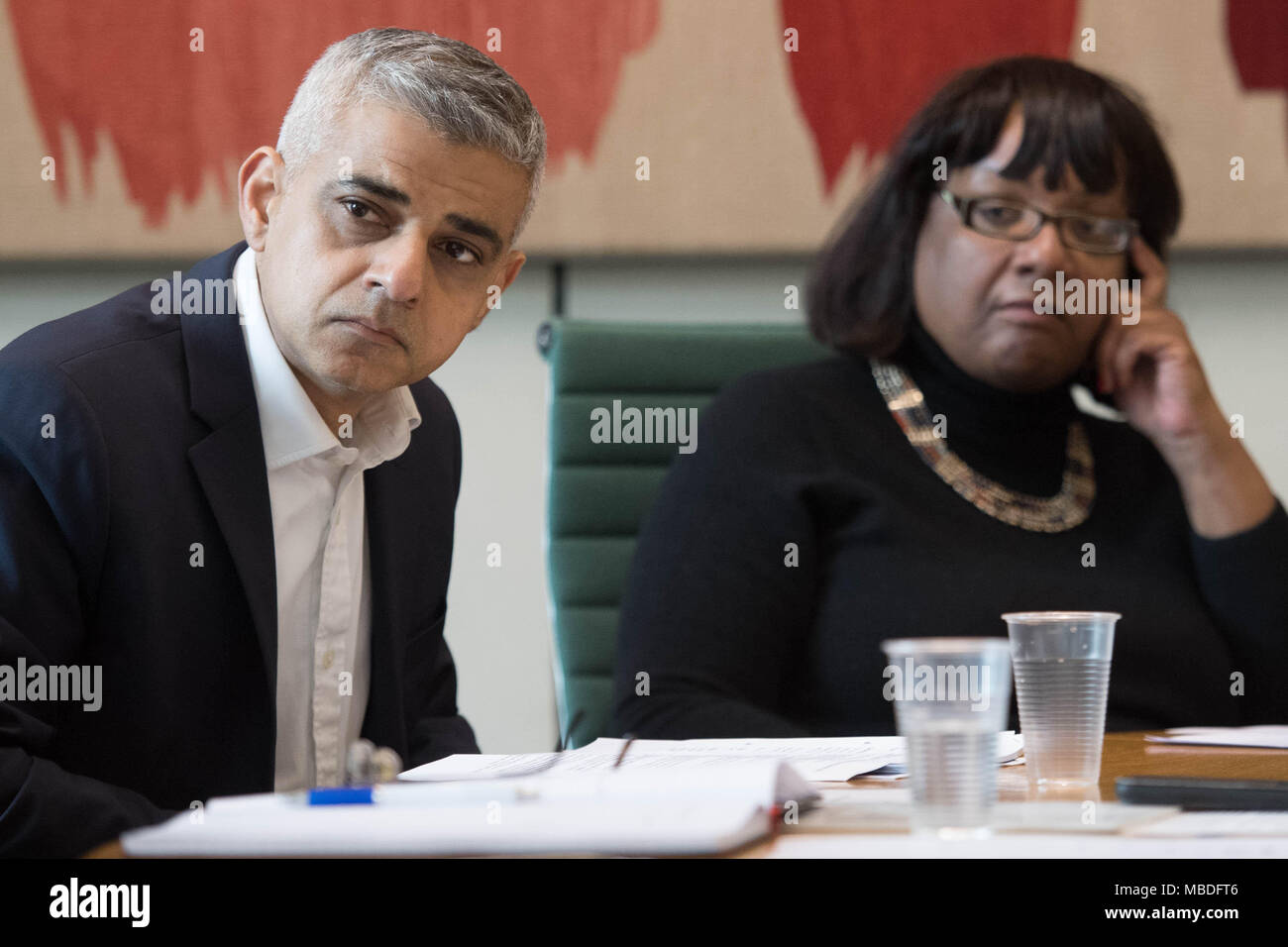 Shadow Home Secretary Diane Abbott And The Mayor Of London Sadiq Khan Listen As Labour Leader Jeremy Corbyn Not Seen Hosts A Gun And Knife Crime Round Table Meeting In Portcullis House
