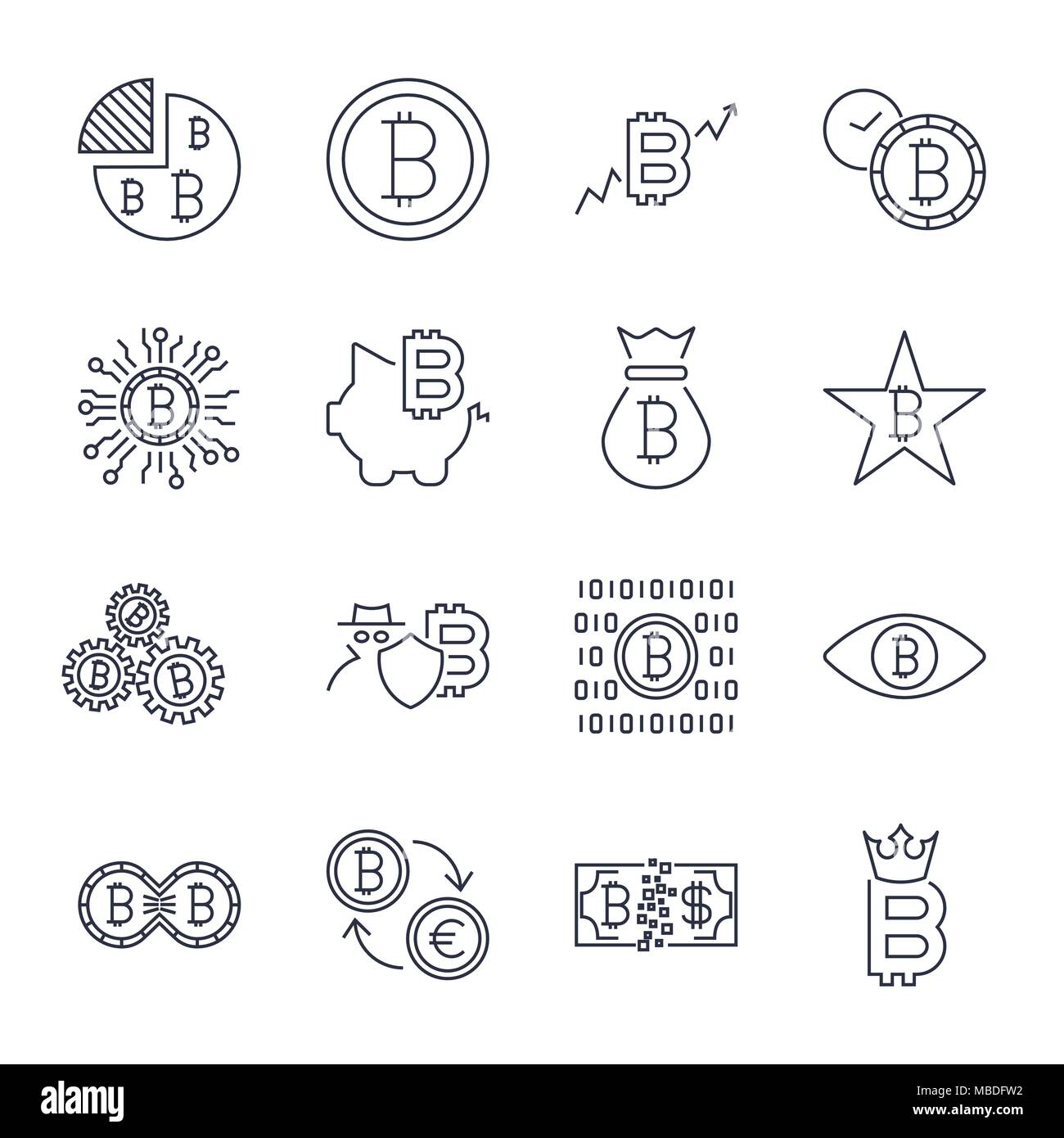 Bitcoin icons set for internet money crypto currency symbol and coin image for using in web. Editable Stroke Stock Vector