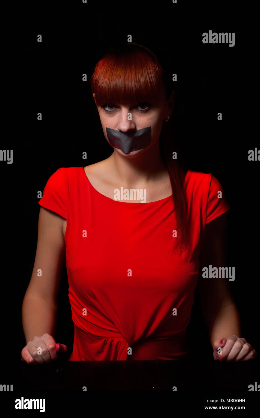 girl with tape lips Stock Photo Alamy