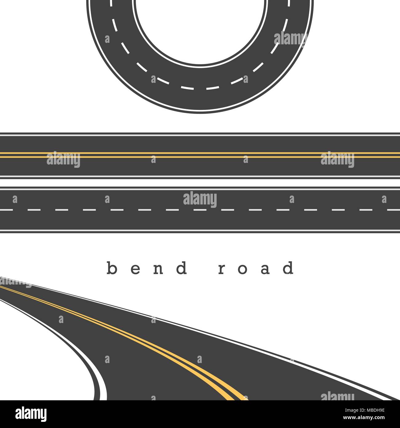 Bend Road, Straight and Curved Roads Vector Set, Road Junction. Vector Illustration. White and Yellow Road Marking Stock Vector
