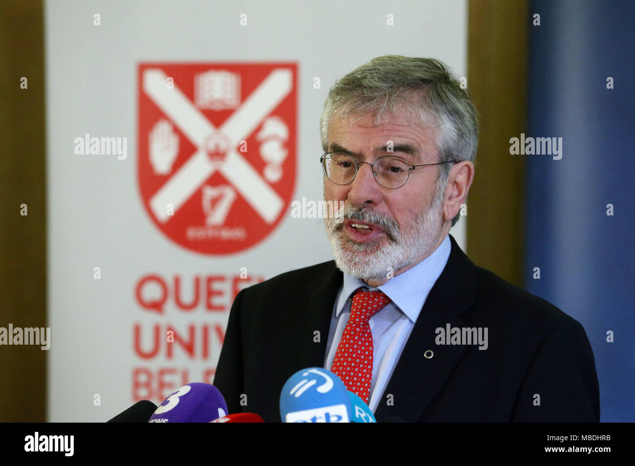 Gerry Adams during an event to mark the 20th anniversary of the Good Friday Agreement, at Queen's University in Belfast. Stock Photo