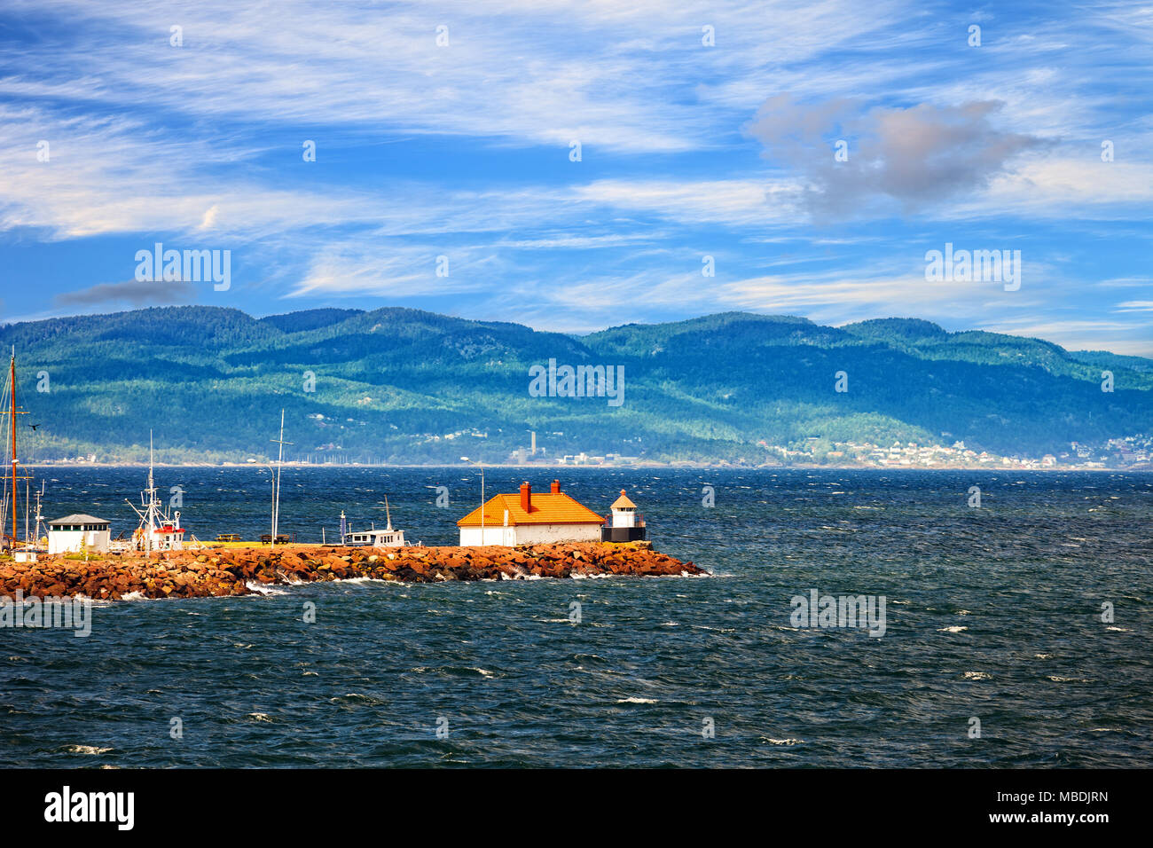Lighthouse and small marina in Horten, Norway. Stock Photo