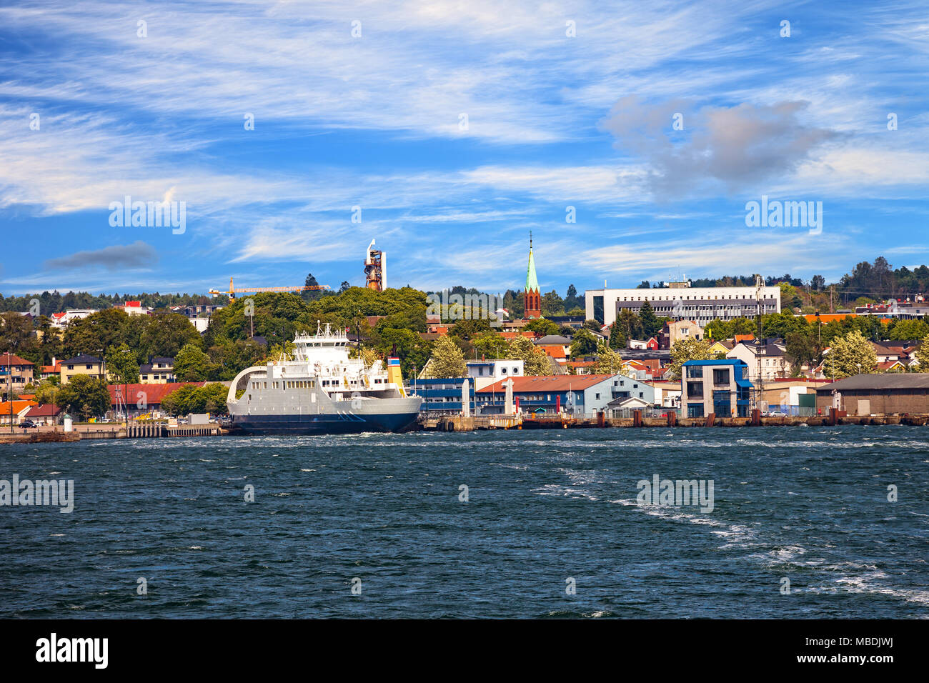 View from ship on port and city of Moss in Norway. Stock Photo
