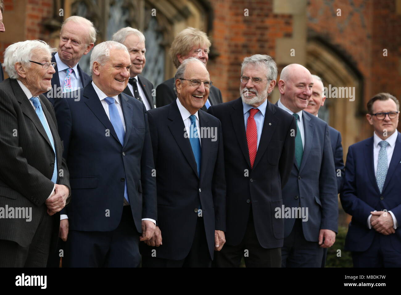 (back row left to right) Sir Reg Empey, Lord Paul Murphy of Torfaen, (front row left to right) Seamus Mallon, former taoiseach Bertie Ahern, Senator George Mitchell and Gerry Adams at an event to mark the 20th anniversary of the Good Friday Agreement, at Queen's University in Belfast. Stock Photo