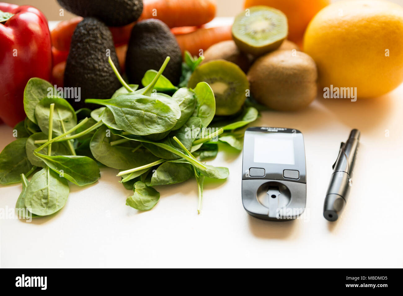 Diabetes monitor, diet and healthy food eating nutritional concept with