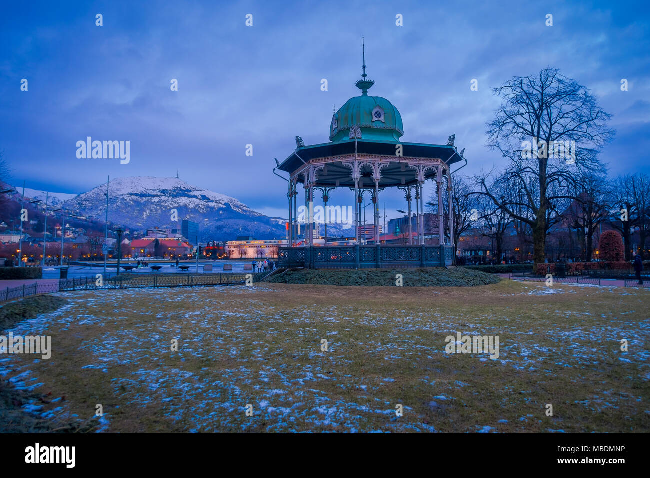 BERGEN, NORWAY - APRIL 03, 2018 Outdoor view of the music pavilion colorful Bergen Byparken gazebo in the city centre Stock Photo