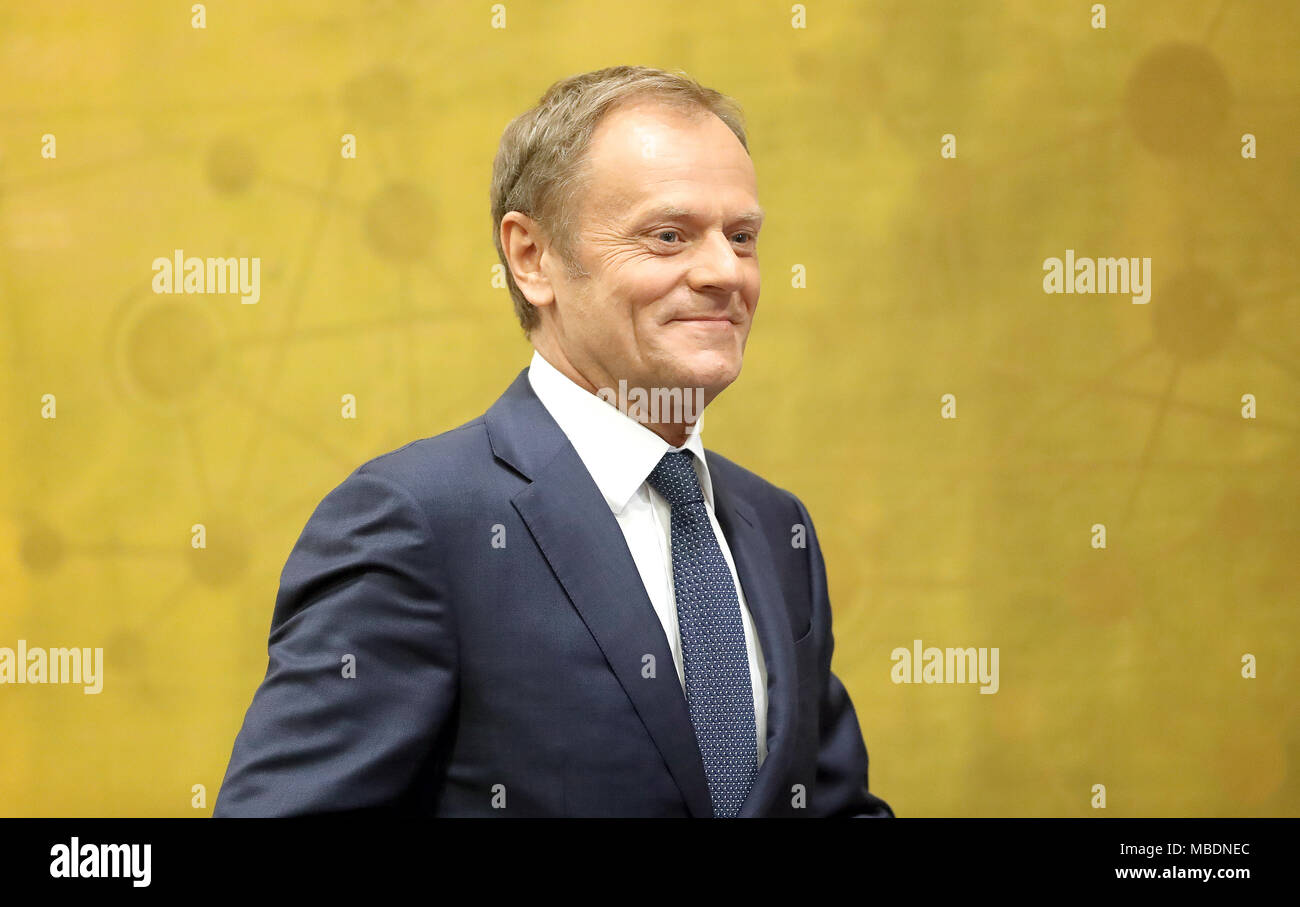 The President of the European Council Donald Tusk addresses the UCD Law Society at O'Reilly Hall, UCD. Tusk has said that Brexit makes him furious and has called on Europe to unite. Stock Photo