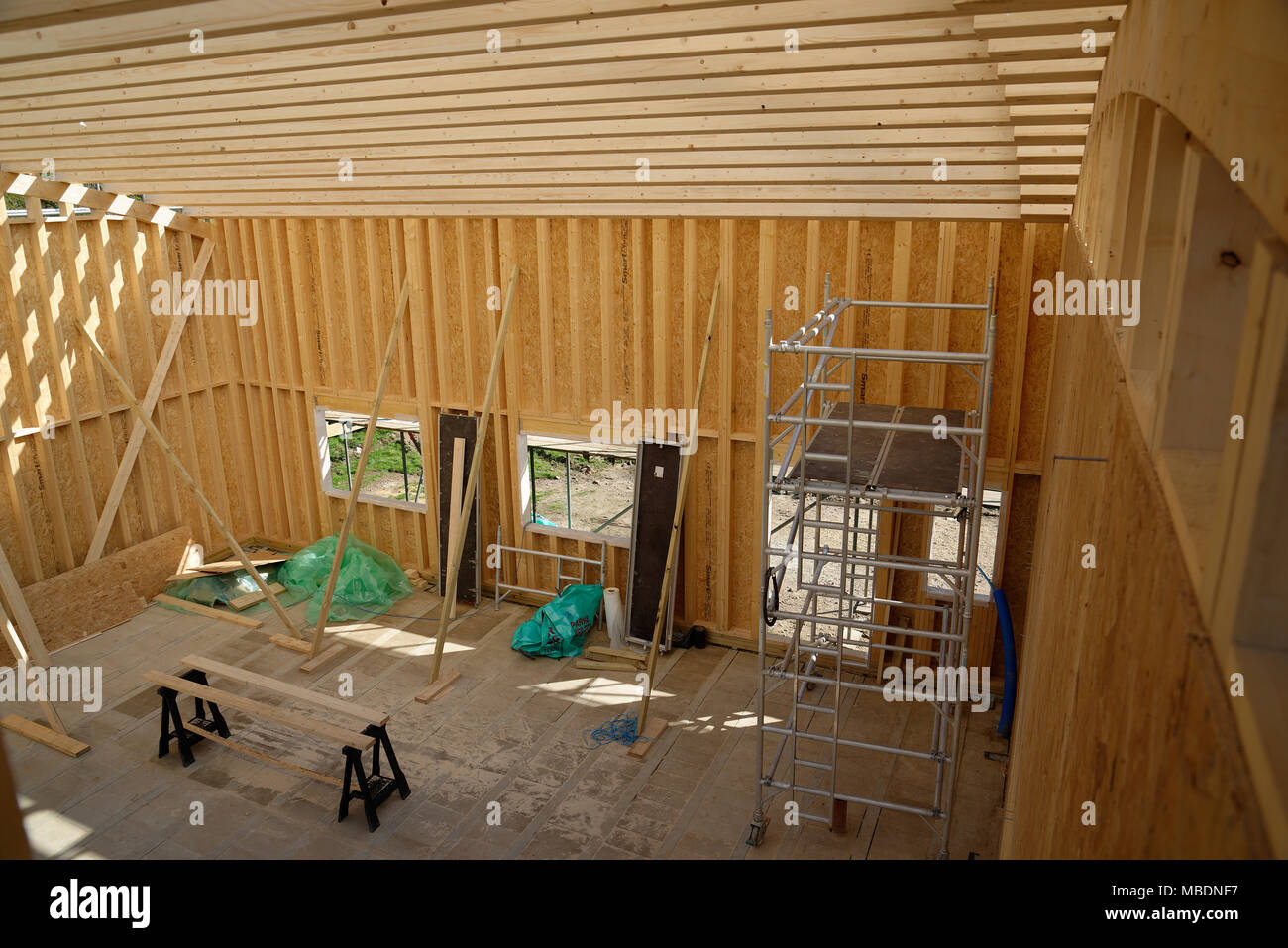 Timber framed construction project while in progress. Glulam and pine
