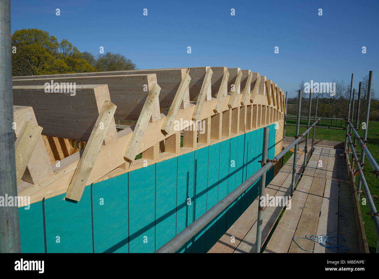Timber framed construction project while in progress. Glulam and pine