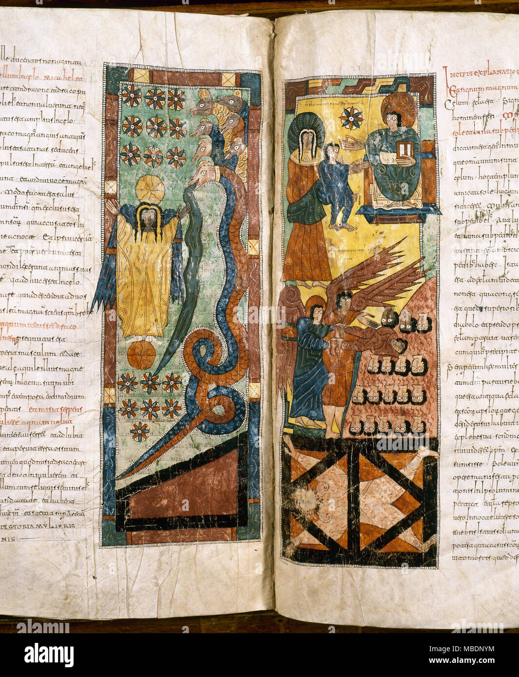 Escorial Beatus. 10th century. Mozarabic. Based on the Commentary of the Apocalypse by Beatus of Liebana. Illuminated page. Library of the Monastery of San Lorenzo de El Escorial. Spain. Stock Photo