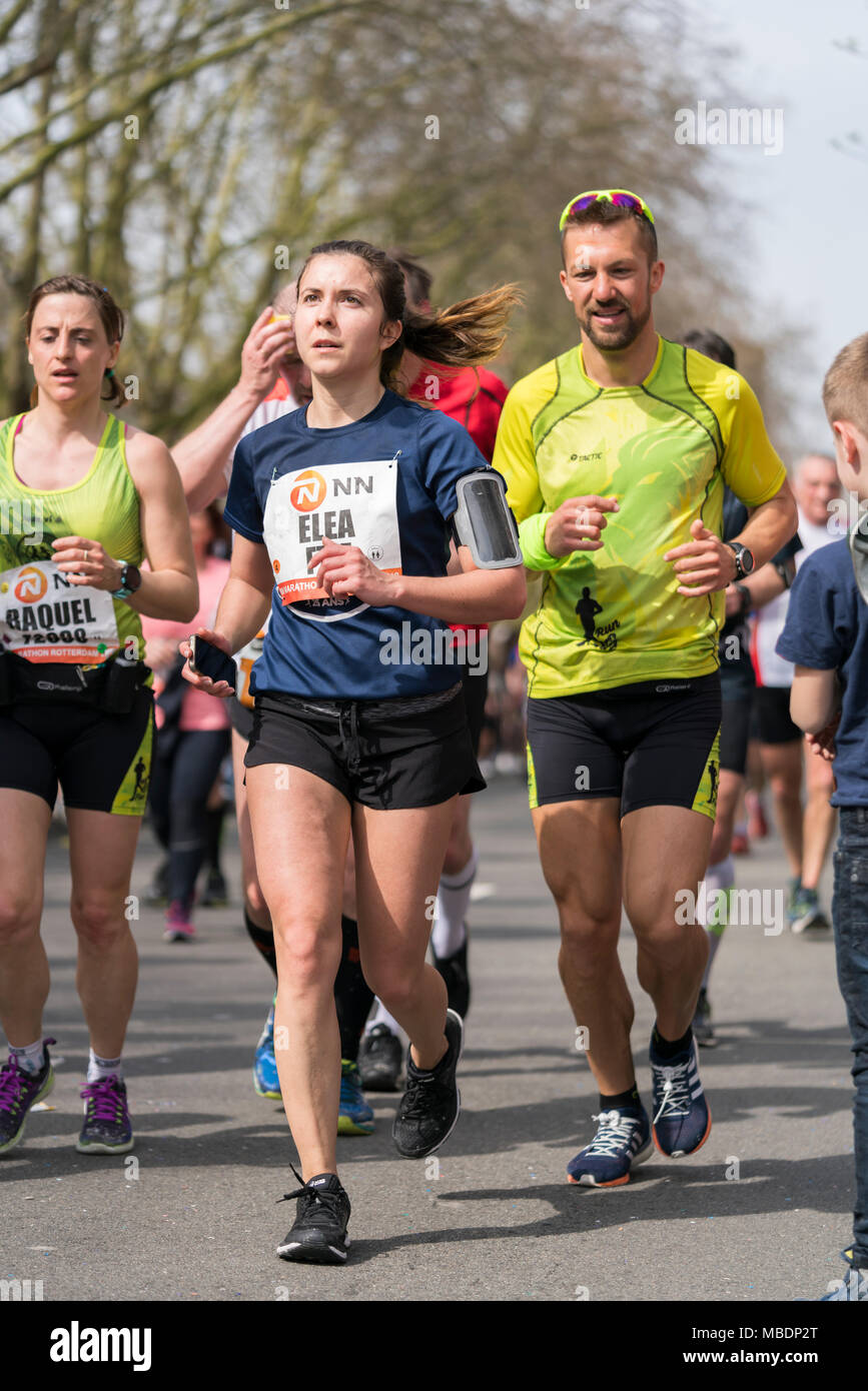 Rotterdam, Netherlands. April 8 2018. Athletes run along Mariniersweg