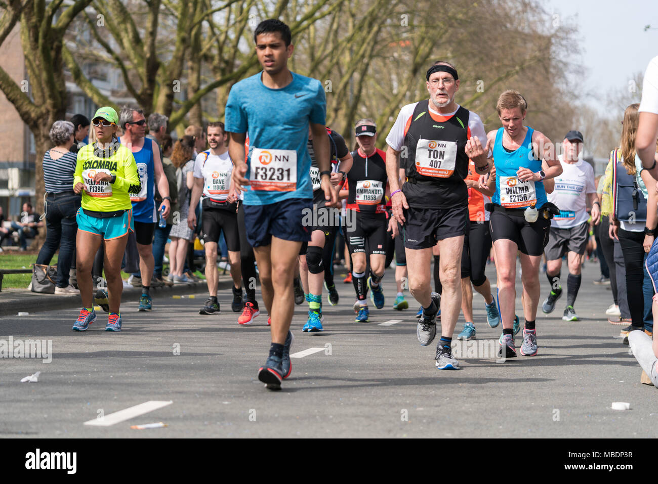Rotterdam, Netherlands. April 8 2018. Athletes run along Mariniersweg