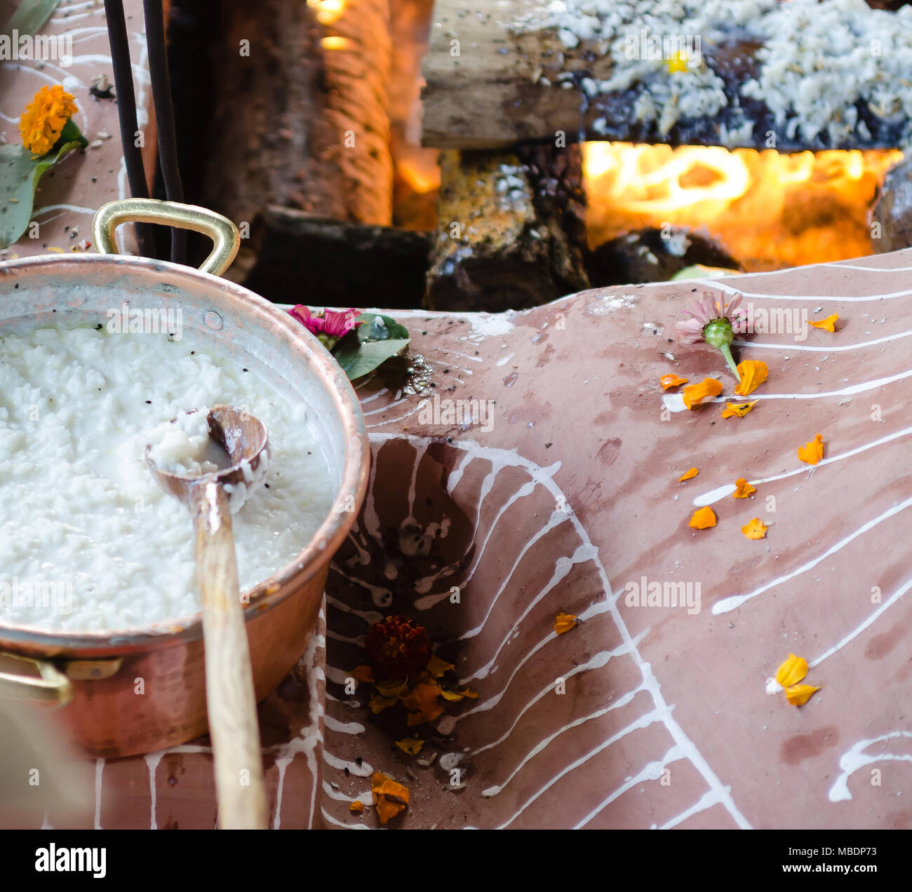 fire ceremony with offers of only vegetable origin during Guru Purnima Stock Photo